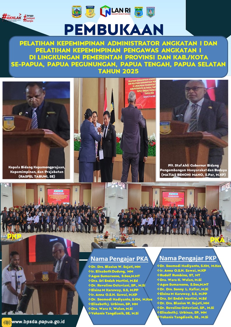 PEMBUKAAN PELATIHAN KEPEMIMPINAN ADMINISTRATOR (PKA) ANGKATAN I DAN PELATIHAN KEPEMIMPINAN PENGAWAS (PKP) ANGKATAN I DI LINGKUNGAN PEMERINTAH PROVINSI DAN KABUPATEN/KOTA SE-PAPUA, PAPUA PEGUNUNGAN, PAPUA TENGAH, PAPUA SELATAN TAHUN 2025